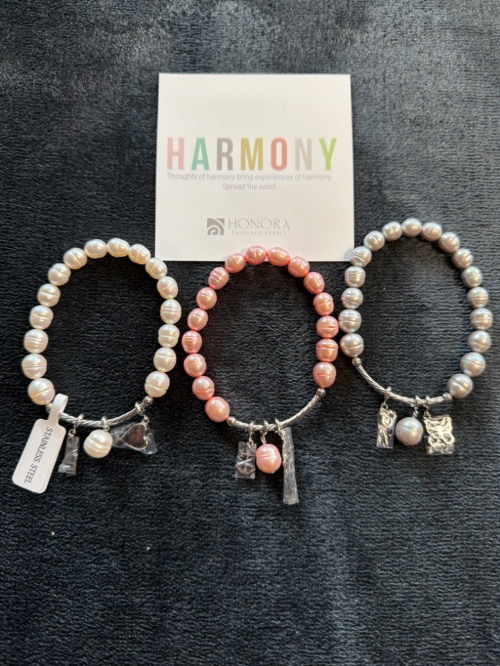 Honora Harmony Collection Set of 3 Cultured Pearl Stretch Charm Bracelets — NIB